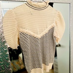 Never worn combination striped sweater, crochet, mid neck like detailed sleeve